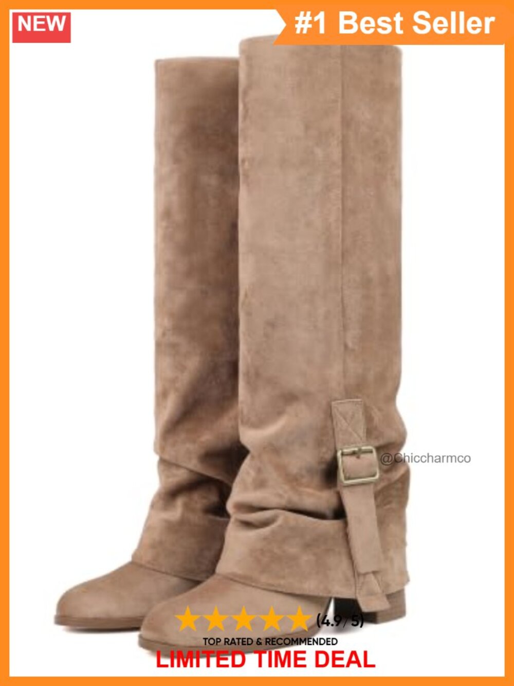 Faux Suede Knee High Boots Slouchy Fold Over Block Heel Half Zip Women's